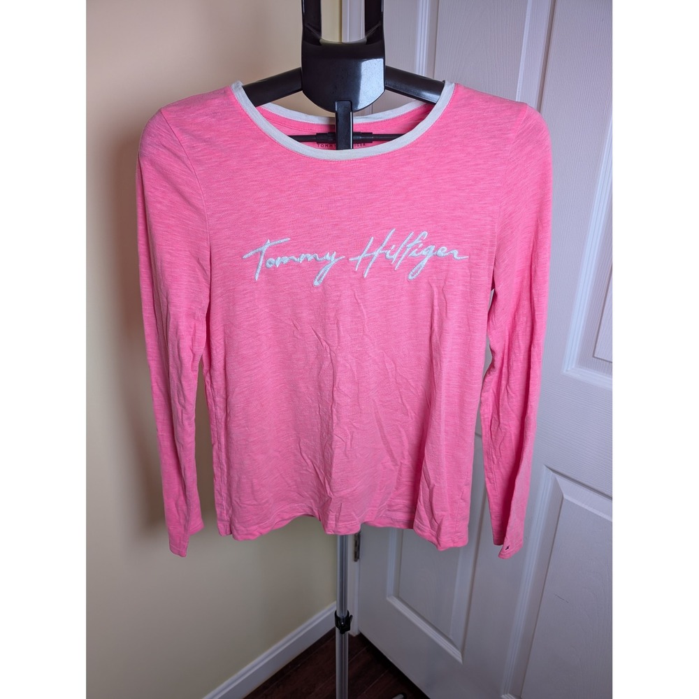 Tommy Hilfiger Pink Long Sleeve Ringer Tee Small Embroidered Script Logo Women